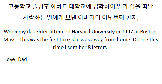 고등학교 졸업후 하버드 대학교에 입학하여 멀리 집을 떠난  사랑하는 딸에게 보낸 아버지의 여덟번째 편지.
When my daughter attended Harvard University in 1997 at Boston, Mass.  This was the first time she was away from home. During this time I sent her 8 letters.
 Love, Dad
